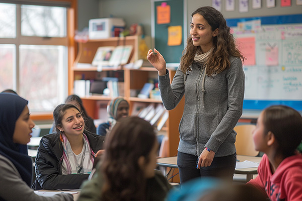 Head of School in front of desk